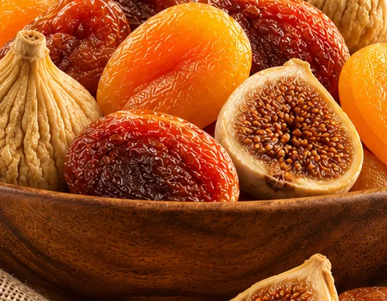 Dried figs and dried apricots in a wooden bowl