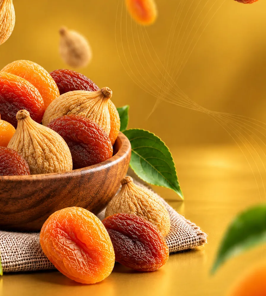 A wooden bowl of Bonova dried figs and dried apricots